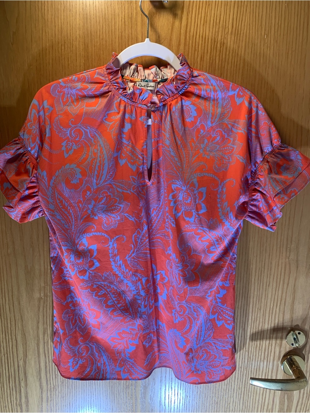 New! Robert Graham Red/Blue Paisley Ruffle Neck Flutter Sleeve Blouse - Size XS